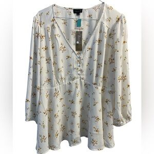 Zenobia Boho Peasant V-Neck White Floral Baby Doll Blouse 3/4 Sleeve Size 1XL